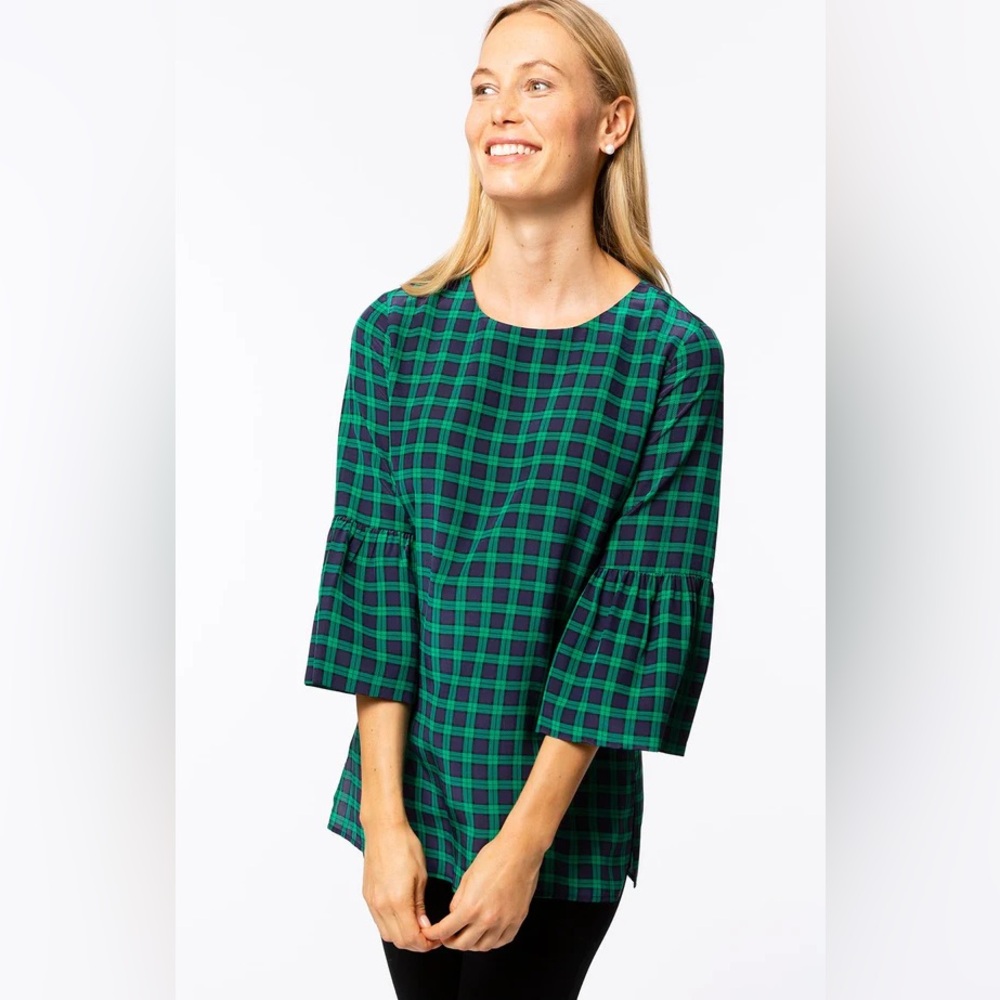 TYLER BOE GINGER SILK PLAID BLOUSE Blue Green Plaid Bell Sleeve M Medium